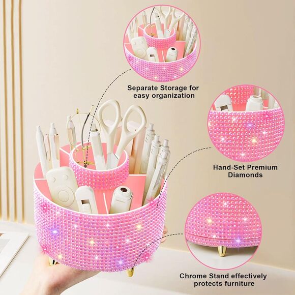 Diesisa 5Slot Makeup Brush Diamond Pink Cup 360° Rotating Makeup Brush Holder - Picture 3 of 5